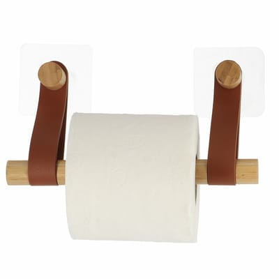 Tendance Toiletrolhouder wand/muur - zelfklevend - cognac - bamboe/kunstleer - zonder boren