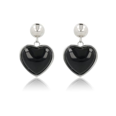 My Bendel - Zilverkleurige Oorstekers Hartbedel met Onyx Edelsteen - Hartvormige Oorstekers • Onyx • Zilverkleurig - met Luxe Cadeauverpakking | Sieraden Voor Dames