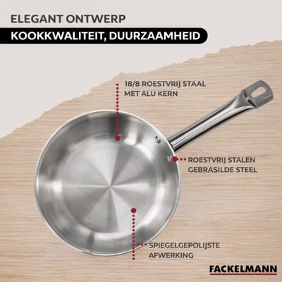 Set van 2 pannen 20 en 24 cm van roestvrij staal en 6 Fackelmann Eterna keukengerei