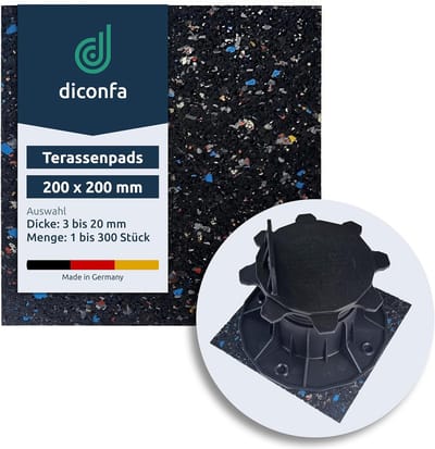 diconfa 30 x tegeldragers, rubbergranulaat, 200 x 200 mm, 5 mm dik, keuze uit 3 mm tot 15 mm, aantal: 1 tot 300 stuks, rubberen onderlaag, plaatdrager, stelpoten, terrasbouw, steigerbouw, transport