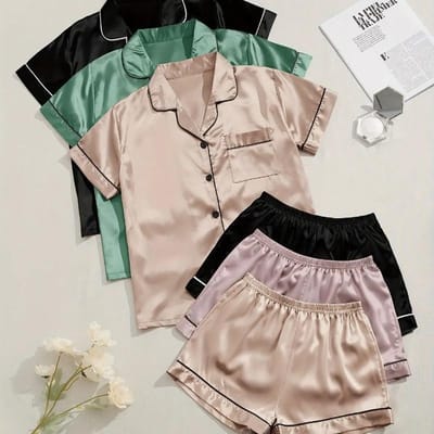 3 Sets Satijnen Pyjama Set voor Dames Zomer Nieuw Korte Mouw Revers Top & Elastische Tailleband Shorts Set Dames Nachtkleding Loungewear M gray