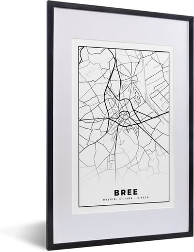 Fotolijst incl. Poster Zwart Wit- Stadskaart – Plattegrond – België – Zwart Wit – Bree – Kaart - 40x60 cm - Posterlijst