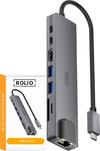 Rolio USB C Hub - 8 in 1 hub - 1x HDMI 4K - 1x Ethernet - 2x USB-C - 2x USB-A - 2x Kaartlezers - USB Splitter - Geschikt voor Macbook Pro / Air / Windows / Universeel