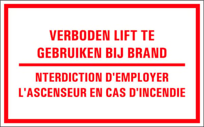 Verboden lift te gebruiken bij brand tekststicker, tweetalig 320 x 200 mm
