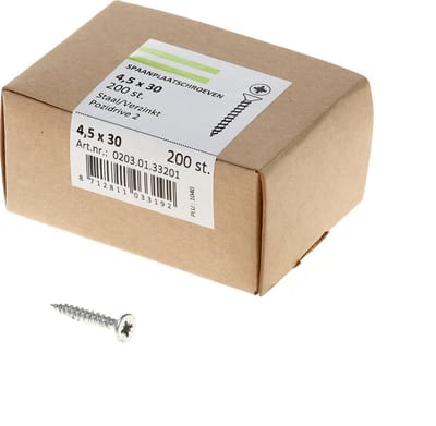 Hoenderdaal Spaanplaatschroef verzinkt platverzonken kop PZ2 voldraad 4.5X30 (per 200 stuks)
