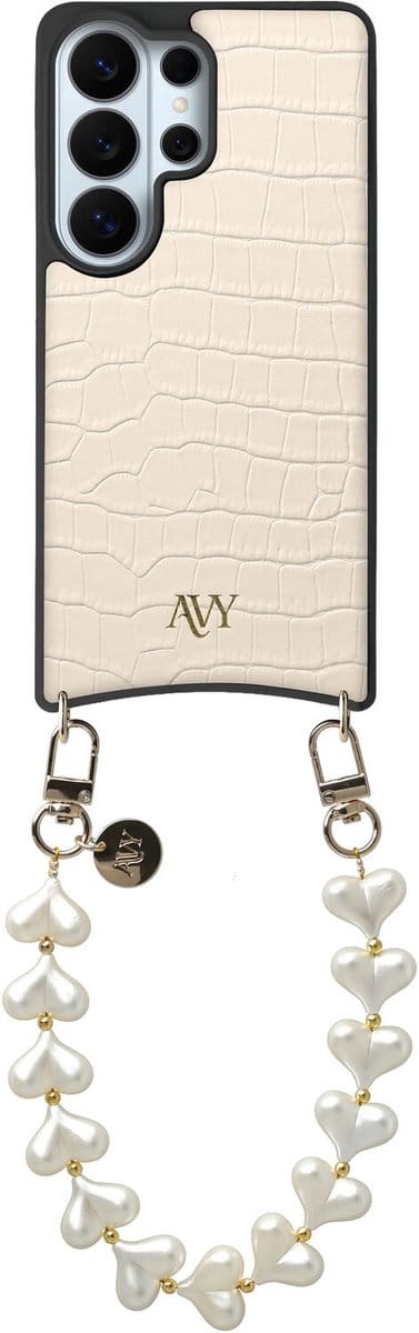 AVY Leren Hoesje Geschikt voor Samsung Galaxy S26 Ultra | Compatibel met MagSafe | Leather Case met Telefoonkoord | Polsband | Croco Beige | Cupid Pearl