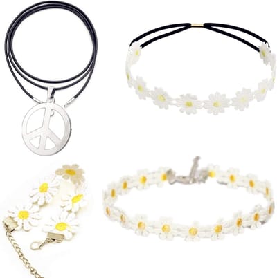 Hippie Kostuum Set met 60s Vredesteken, Zonnebloem Kroon en Armband - Perfect voor Feestjes en Themadagen