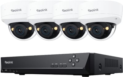 Reolink RLK8-800V4 4K Beveiligingscamera Systeem, 4 Stuks 4K UHD IK10 Dome Vandalbestendige PoE Bewakingscamera's Buiten, 8CH NVR met 2TB HDD voor 24/7 opname, Kleuren Nachtzicht, Slimme Detectie, Tweewegcommunicatie, IP67 Weerbestendig