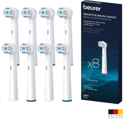 Beurer Sensitive Opzetborstels – Set van 8 – Compatibel met TB 15, TB 30, TB 50, Oral-B* & alle gangbare roterende tandenborstels – Met Beschermkap & Kleurringen – 3 Jaar Garantie