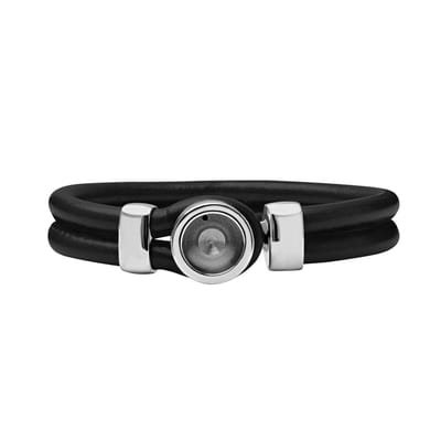 Quiges Leren Armband Zwart met Verwisselbare RVS Mini Munt Houder Zilverkleurig 18 cm