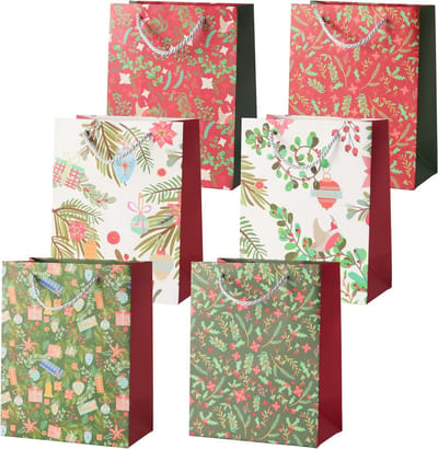 6 Grote Kerstcadeautassen met Stevige Handvatten in Assortiment van Bloemige Feestelijke Ontwerpen - 24cm x 18cm, Perfect voor Cadeaus en Feestdagen