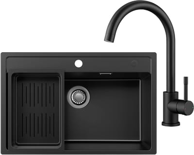 Anycee Max Spoelbak Keuken 70x46CM - Granieten Spoelbakken Met Keukenkraan - Spoelbakken Keuken Met Afdruiprek – Wasbak Keuken Zwart