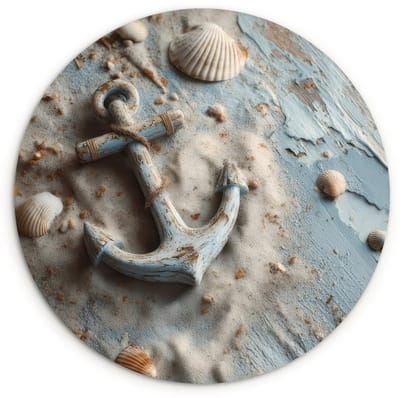 WallCircle® Wandcirkel 120x120 cm - Muurcirkel Anker - Hout - Schelpen - Zand - Muurdecoratie woonkamer - Wanddecoratie slaapkamer - Kamer decoratie accessoires - Ronde schilderijen XXL
