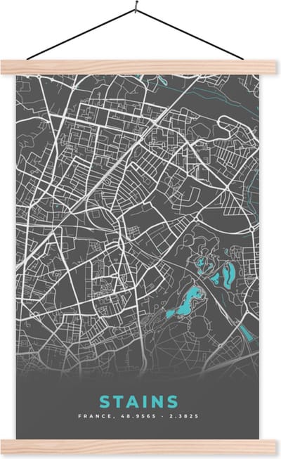 Posterhanger incl. Poster 40x60 cm - Schoolplaat - Stains - Frankrijk - Stadskaart - Kaart - Plattegrond - Textielposter - Blanke latten - Stadskaart