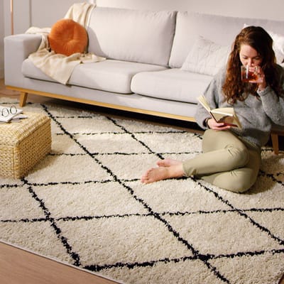 Fraai Hoogpolig vloerkleed - Grand Lines Creme/Zwart - 80x150cm