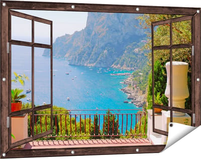 Gards Tuinposter Doorkijk Vergezicht vanaf het Terras op Bergen - 120x80 cm - Tuindoek - Tuindecoratie - Wanddecoratie buiten - Tuinschilderij