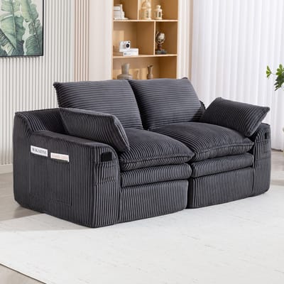 Modulaire 2-zits corduroy bank – met kussens en twee zijvakken van verschillende afmetingen, 3-laags schuim + veringkern voor snelle terugvering. Ideaal voor woonkamers, kantoren en meer. Donkergrijs.