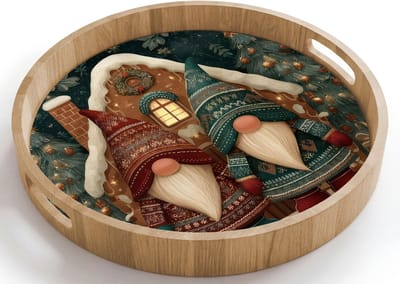 Dienblad rond 40x40 cm - Schootdienblad hout - Kerst - Gnomen - Peperkoekhuisje - Rood - Groen - Borrelplank rechthoek - Plateau houten dienbladen