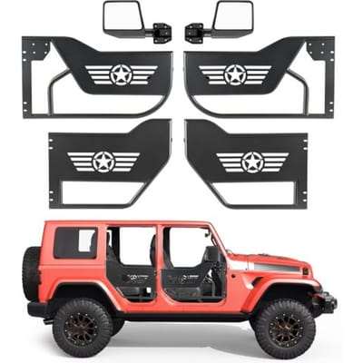 VEVOR 4-deurs buisdeuren, compatibel met Jeep Wrangler JL JLU & Gladiator JT 4XE (2018–2026), offroad buisframe deuren (sterpatroon) van staal (voor en achter) met DOT-gecertificeerde buitenspiegels.