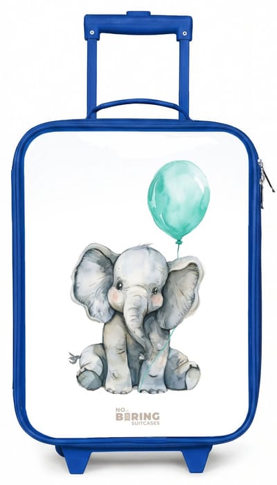 NoBoringSuitcases.com® - Kinderkoffer blauw - Kindertrolley jongen - Olifant met blauwe ballon - Koffer kind lichtgewicht - Reiskoffer trolley voor kinderen - Koffertje met lichtgevende wieltjes - Rolkoffer