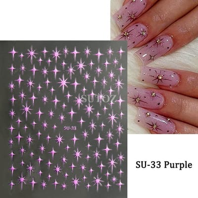 3D Franse Sterren Nagelstickers Laser Goud Paarse Sterren Nagelstickers Glitter Charms Manicure Kunst Decor