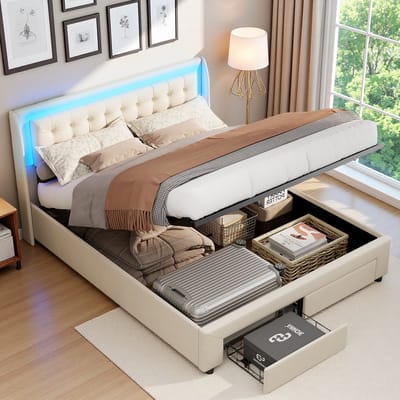 Opbergbed 140x190 cm beige fluweel met hydraulische opbergruimte, LED-verlichting en lades, gestoffeerd tweepersoonsbed