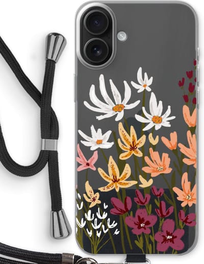 Case Company® - Hoesje met koord geschikt voor iPhone 16 Plus hoesje met Koord - Painted wildflowers - Telefoonhoesje met Zwart Koord - Bescherming aan alle Kanten en Over de Schermrand