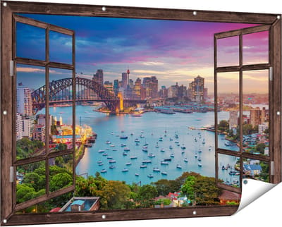 Gards Tuinposter Doorkijk Sydney Harbour Bridge in de Avond - 150x100 cm - Tuindoek - Tuindecoratie - Wanddecoratie buiten - Tuinschilderij