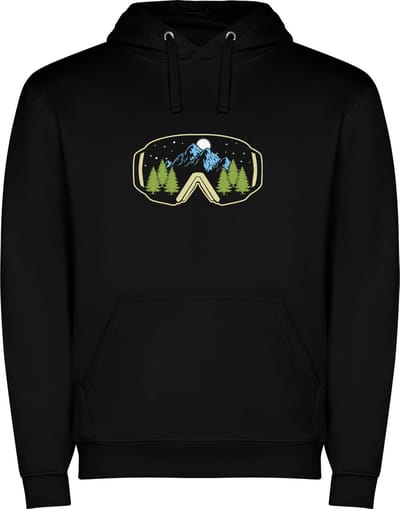 Zwarte unisex hoodie met “ Kleurrijke Ski – Skien - Sneeuw – Wintersport – Snowboard – Bergen “ Print Full Color Color merk Roly maat S