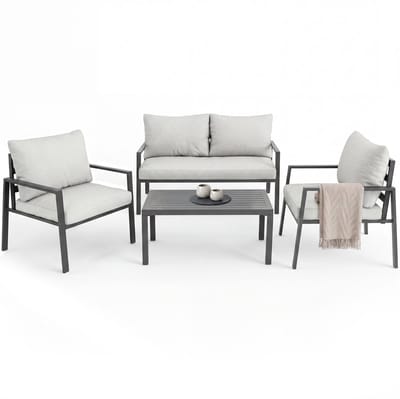 tectake® Aluminium Loungeset Göteborg - Tuinset met 2 Fauteuils - Tuinbank - Bijzettafel - Met Kussens - Zitgroep met Tafel voor Balkon, Tuin, Terras - Tuinmeubels - Weerbestendig - Lichtgrijs
