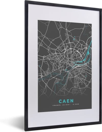 Fotolijst incl. Poster - Caen - Frankrijk - Kaart - Stadskaart - Plattegrond - 40x60 cm - Posterlijst