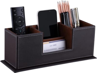 Multifunctionele Houten Bureau Organizer van Leer in Bruin | Desk Organizer, Kantooraccessoires, Opbergruimte
