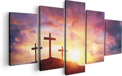 Artaza Canvas Schilderij Vijfluik Kruisiging van Jezus Christus - Drie Kruisen - 100x50 cm - Wanddecoratie Woonkamer - Schilderijen - Muurdecoratie