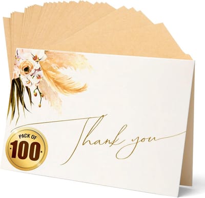 100x Bedankkaarten met Enveloppen Bulk - Boho Bloemenontwerp voor Bruiloft, Verjaardag en Alle Gelegenheden