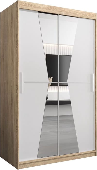 InspireMe - Kledingkast met 2 schuifdeuren, Modern-stijl, Een kledingkast met planken en een spiegel (BxHxD): 120x200x62 - TOTO 120 Sonoma Eik + Wit Mat