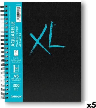 CANSON XL aquarelle tekenblok met 34 vellen - a5 formaat - 5 STUKS (13 euro per stuk) - 300 g/m² - in het heldere wit - 148 x 210 mm