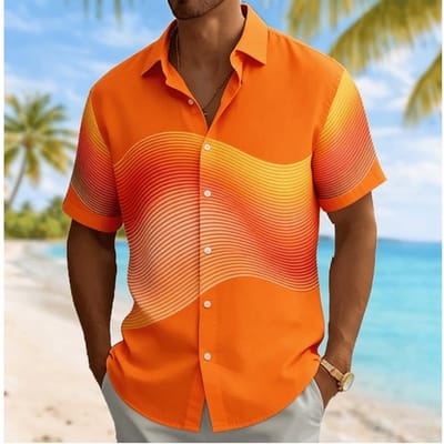 Chemise d'été à manches courtes imprimée ondulée pour homme, Chemise décontractée à revers pour les vacances, Haut ample 3XL beige