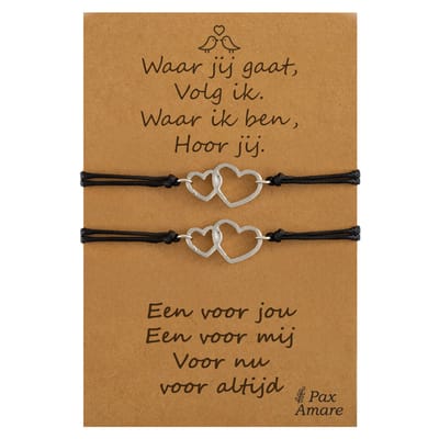Vriendschapsarmbandjes voor 2 "Waar jij gaat, volg ik" - Verbonden Hartjes - BFF Armbandjes met Persoonlijk Cadeau Kaartje - Zilverkleurig - Elastisch Verstelbaar - Pax Amare