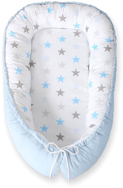 Babynest dubbelzijdig Premium Cocoon voor baby's BOBONO- grijsblauwe sterren/ blauw