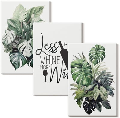 Wallfluent Set van canvas schilderijen - Plant bladeren in tinten groen met het opschrift over wijn Canvas Schilderijen Set - set 3 stuks 20x30 cm - Groente Set van Canvas Prints - Natuur Canvas Kunst Set - Boheemse Canvas Kunst Set