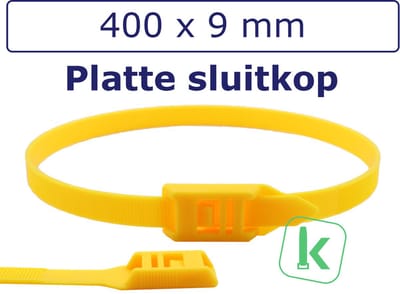 PRO-TIE® - Tyraps, kabelbinders met laag profiel, Flat head / in Line ties 400 x 9,0 mm Geel (Zak 100 stuks) (tiewrap/tyrap/tie-wrap/bundelbandje/colsonbandje/)