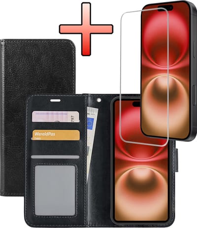 Hoesje - Met Screenprotector - Geschikt voor Apple iPhone 16 - Luxe Pasjeshouder - Bookcase Portemonee - Flip Case - Kunstleer Book Case - Flipcase - Book Cover - Walletcase - Portemonneehoes - Zwart