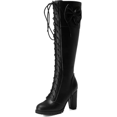 Winter Zoete Dames Hoge Laarzen PU Leer Ronde Neus 7cm Hoge Blokhakken Strik Vetersluiting Lolita Dame Rits Lange Rijlaarzen 42 black