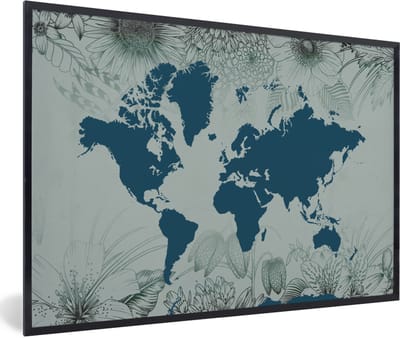 Poster in lijst - Fotolijst 90x60 cm - Posters - Wereldkaart - Grijs - Blauw - Posterlijst zwart - Decoratie - Wanddecoratie woonkamer - Muurdecoratie slaapkamer