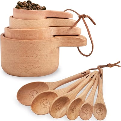 Famanu - Houten maatbekers en maatlepels set 10-delig, natuurlijke keuken meetset voor bakken, koffie en kruiden, decoratieve look