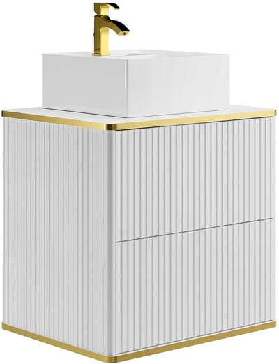 Vente-unique Hangend geribbeld badkamermeubel met vierkante opbouwkom en kolomkast - Wit - 60 cm - KELIZA