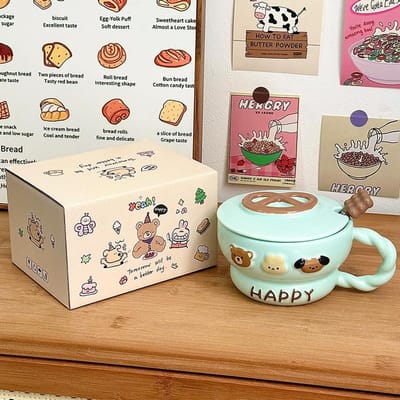 Keramische Kop Huishoudelijke Waterbeker Mok met Deksel Lepel Creatief Verjaardagscadeau voor Vrouwen Ontbijtkop Grote Capaciteit Souvenir 301-400ml