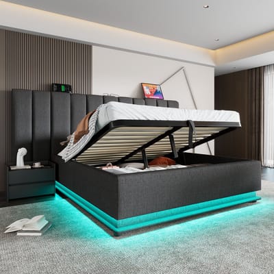 OKWISH Gestoffeerd Bed 160x200 cm - Opbergbed Met LED Verlichting En Multi-Device USB Oplaadfunctie - Tweepersoonsbed Met Lattenbodem Inclusief - Metaal - Grijs