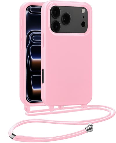 Hoesje Geschikt voor iPhone 17 Pro / 18 Pro Hoesje Siliconen Case Met Koord - Hoes Geschikt voor iPhone 17 Pro / 18 Pro Hoesje Backcover Met Telefoonkoord - Telefoonhoes - Lichtroze