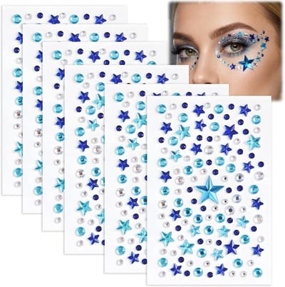 Thijox - 6 Vellen Zelfklevende Glitterstenen Gezicht - Strass Steentjes met Kleurverloop in Blauw - Sterren Gezichtssieraden voor Feesten en Festivals